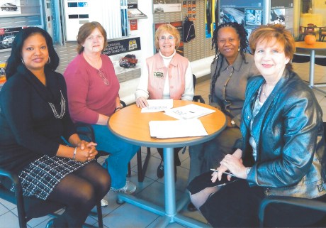 Discussing plans for the Women's Business Expo  l to r: ABWA President Rita Johnson, Marcia Collins, Bonnie Pfrogner, Kenda Woodard, and Wanda Cronic Howell. 